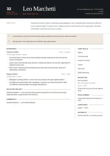 Editorial Column CV template preview
